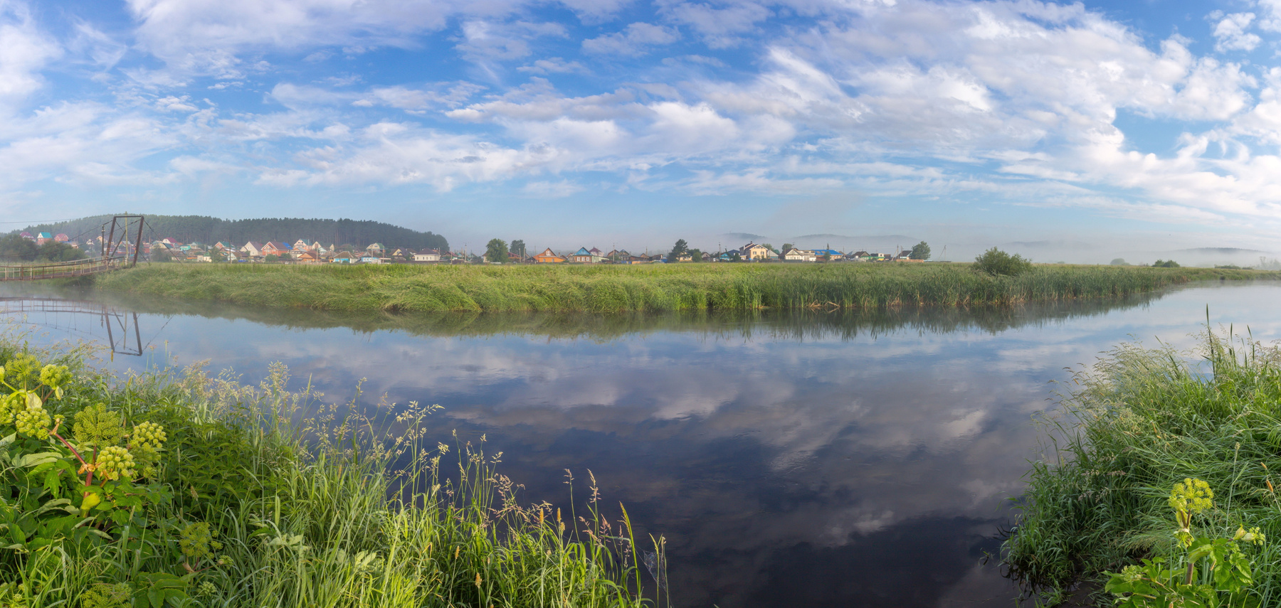 Летнее утро на реке Миасс. г. Миасс, Машгородок (панорама). Южный Урал Миасс Машгородок Природа Лето