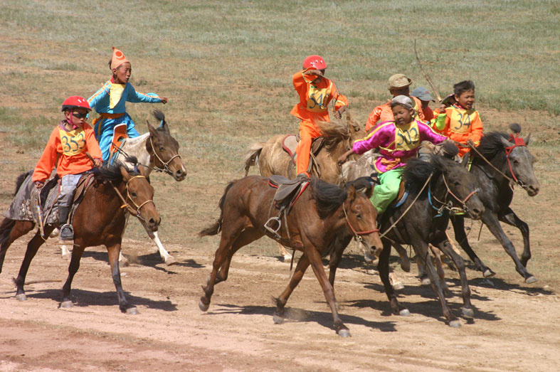 Скачки /У Монголов есть национальный спортивный праздник Надом,  Есть 3 вида спортивных состязаний, Борьба, скачки и стрельба из лука/ Борьба, скачки и стрельба из лука