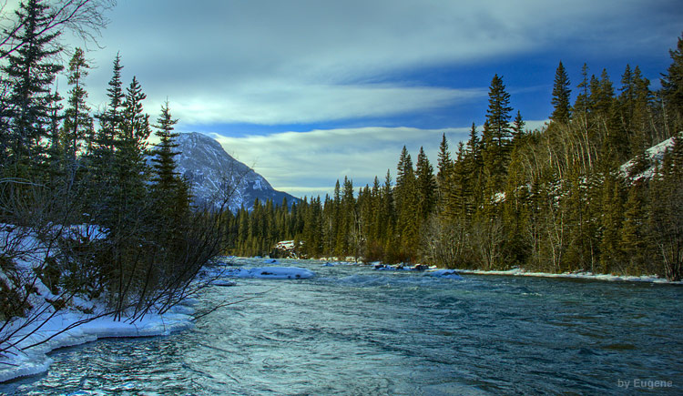 Зимне-горное Река, Горы, Природа, Зима, Снег, Kananaskis, Rockies, Canada