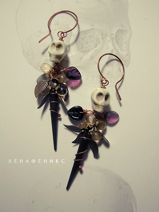 Серьги Украшения Для Особенных, Лена Феникс, черепа, mixed media