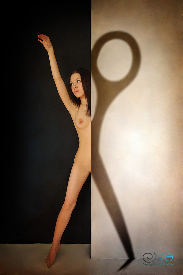 Scissors girl, nude, body, scissors, shadow, wall, breast, silhouette