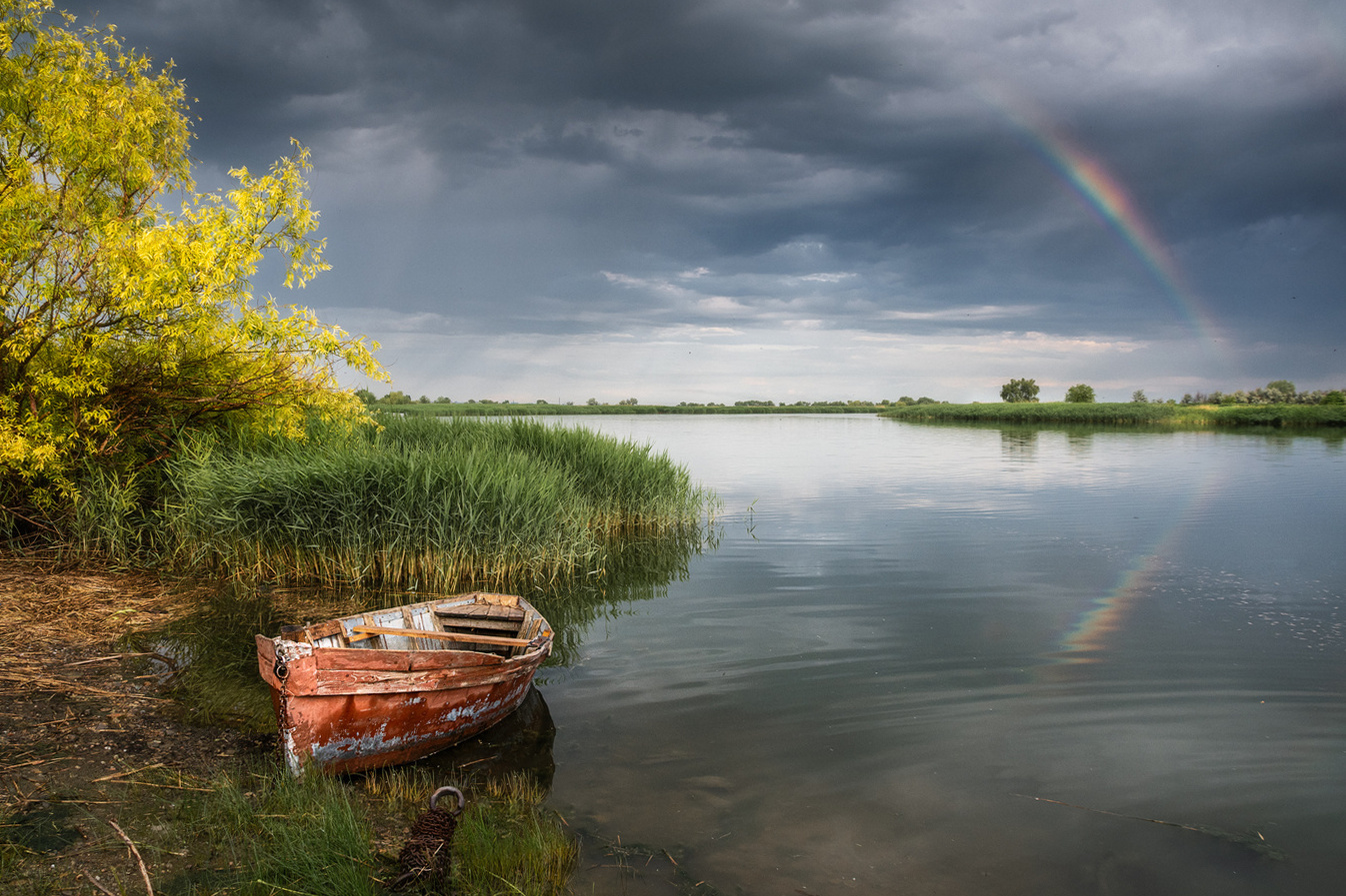 *** лодка радуга природа пейзаж река