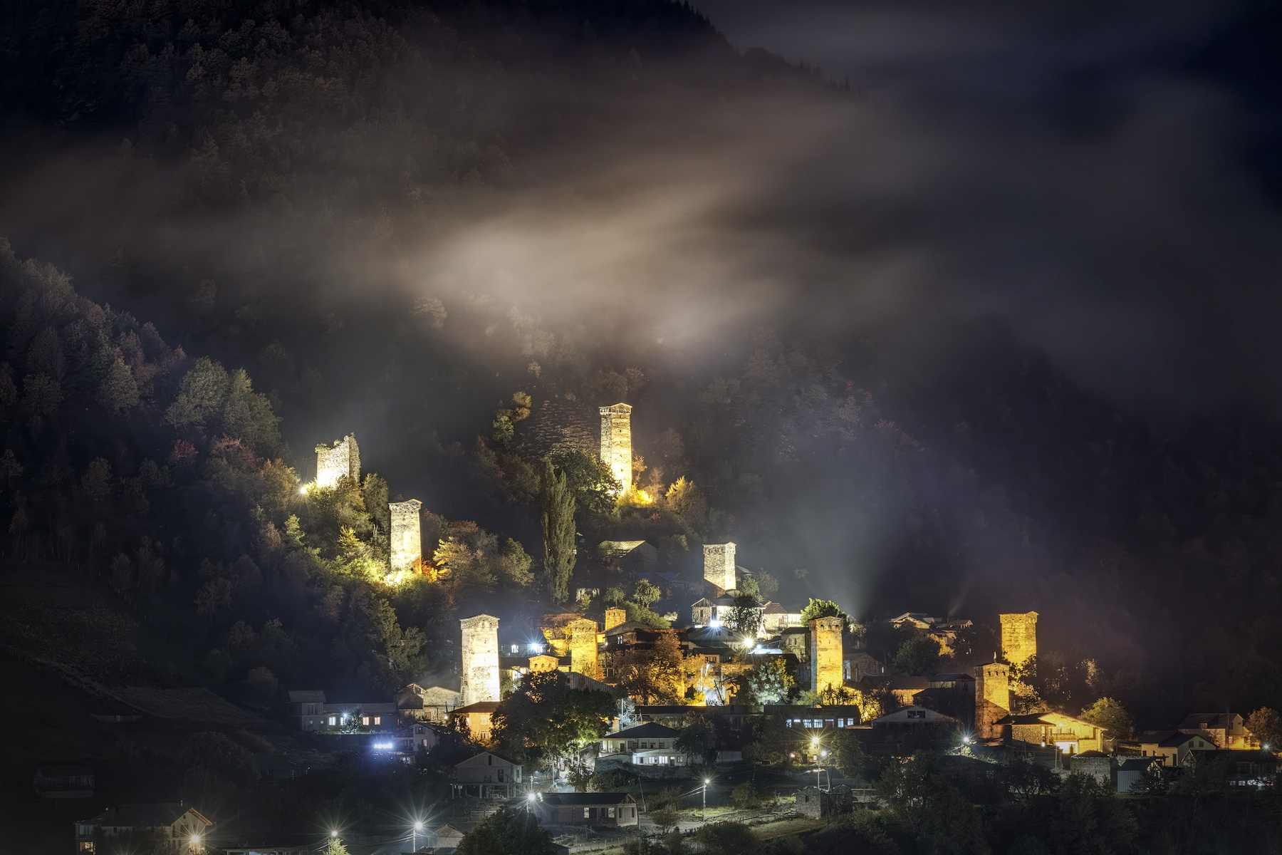 Mestia Towers In Autumn Nigh svaneti mestia town towers snow snowfall winter january mountains nature high landscape scenery travel outdoors georgia sakartvelo caucasus chizh