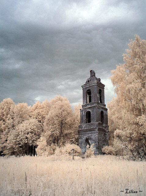 колокольня /* ИК */ infrared, инфраред, ИК, колокольня, лето, поле, лерево, пейзаж, тепло