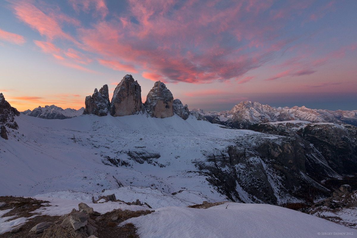 Рассвет в горах Италия, Доломиты, Доломитовые Альпы, Tre Cime di Lavaredo