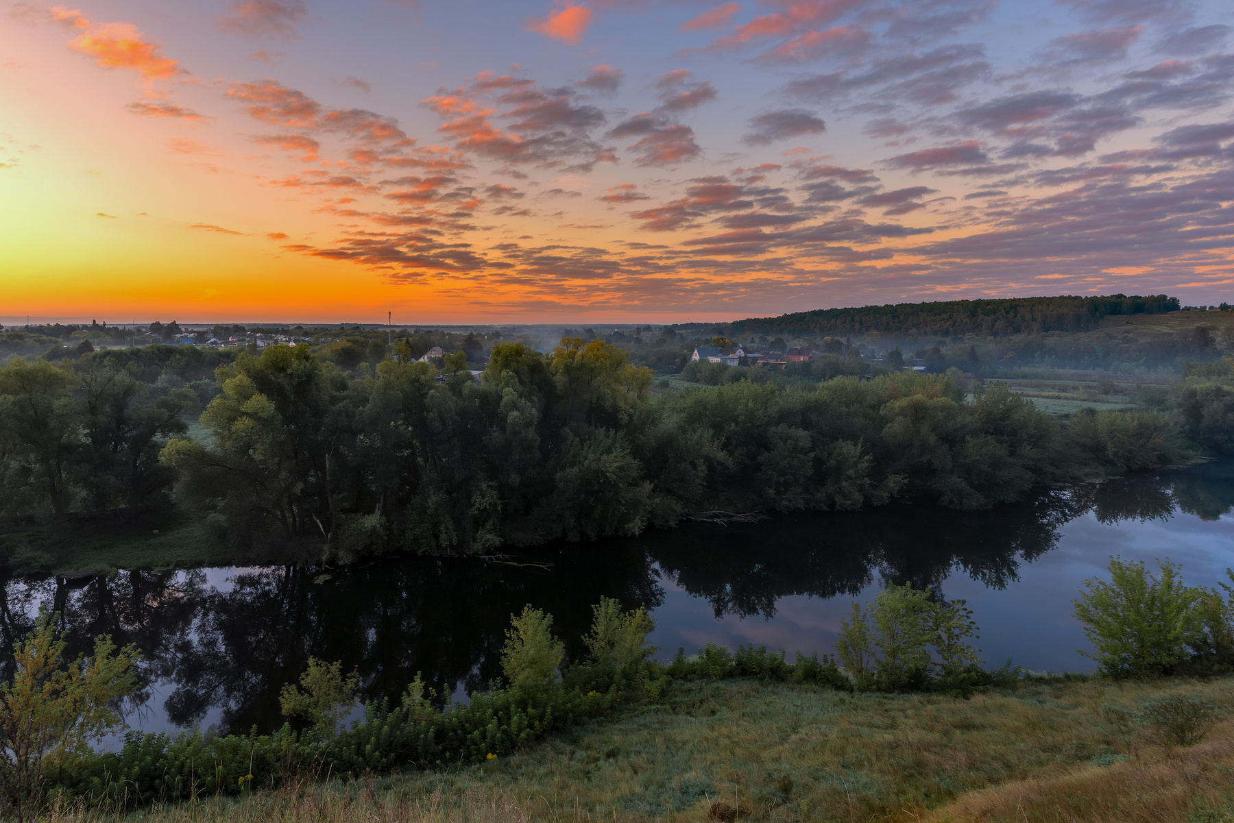 *** пейзаж рассвет туман река село