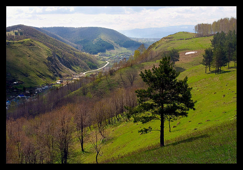 первая зелень в горах горы облака река дорога