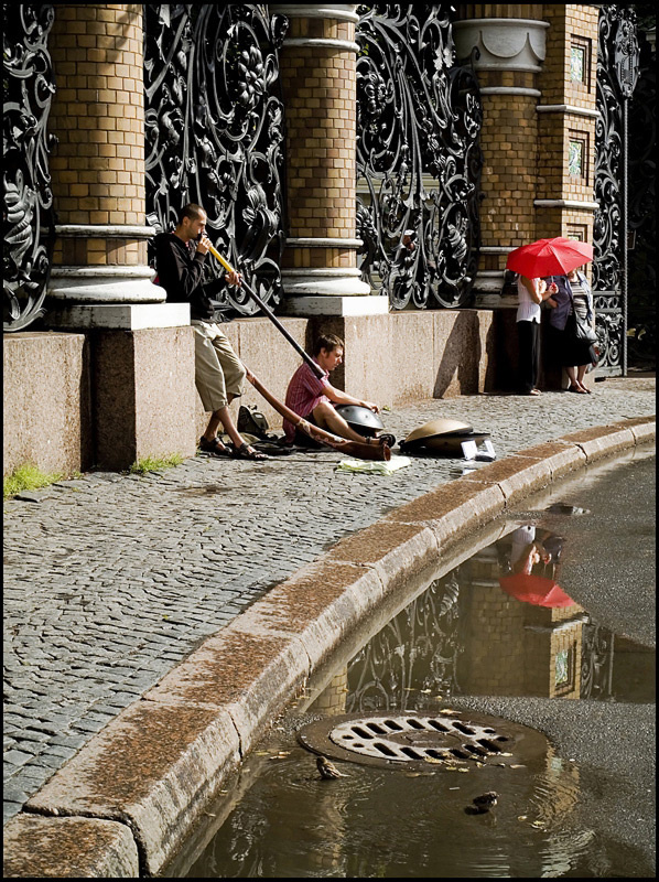 про уличных музыкантов, красный зонтик и... улица музыканты красный зонтик воробьи
