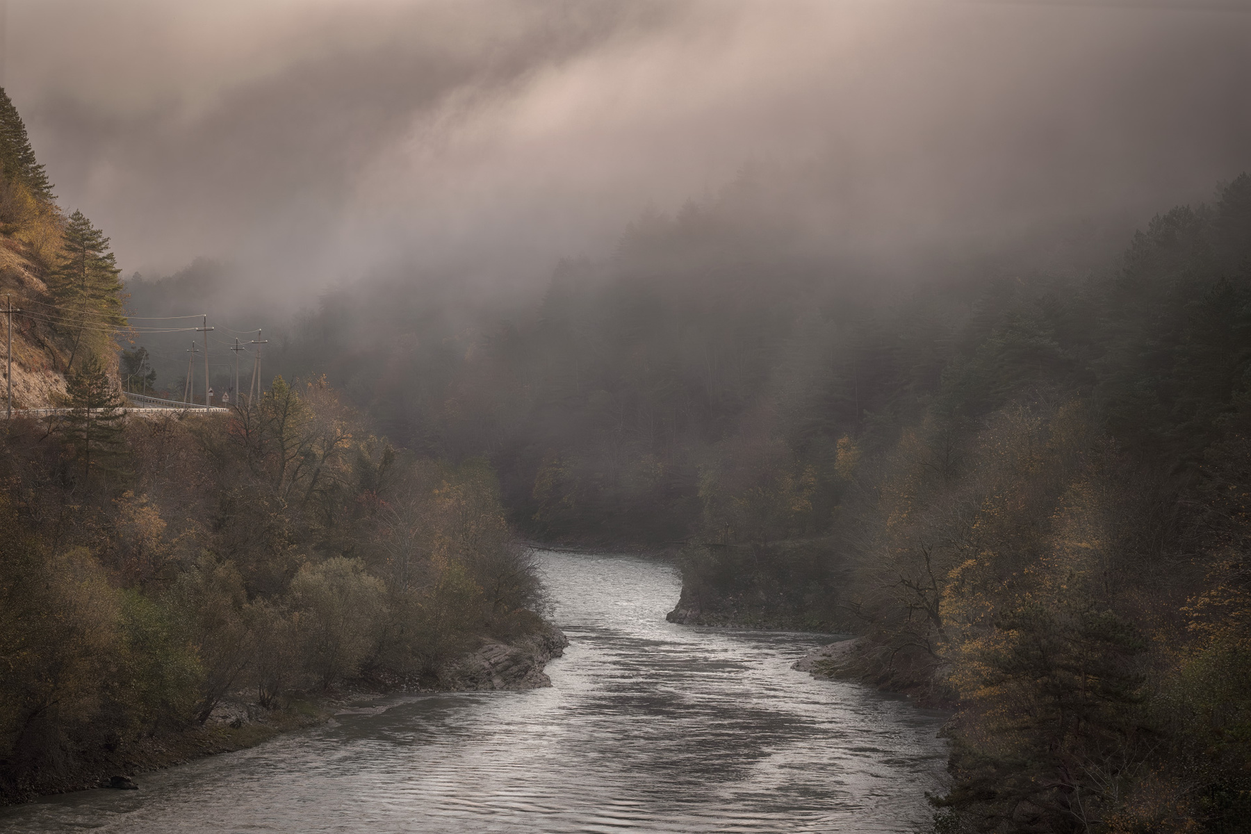 Mistу Morning Into Rioni Valley rioni valley mountain autumn road yellow leaves clouds mist for river gorge nature landscape scenery travel outdoors georgia svaneti alpana sakartvelo chizh