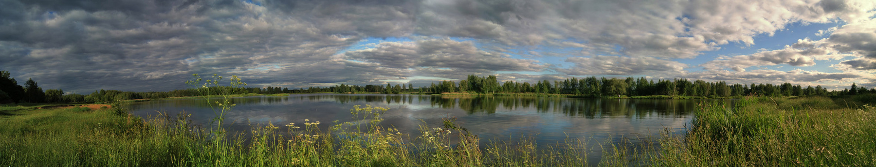 и ю н ь  июнь лес озеро вечер закат трава вода облака небо