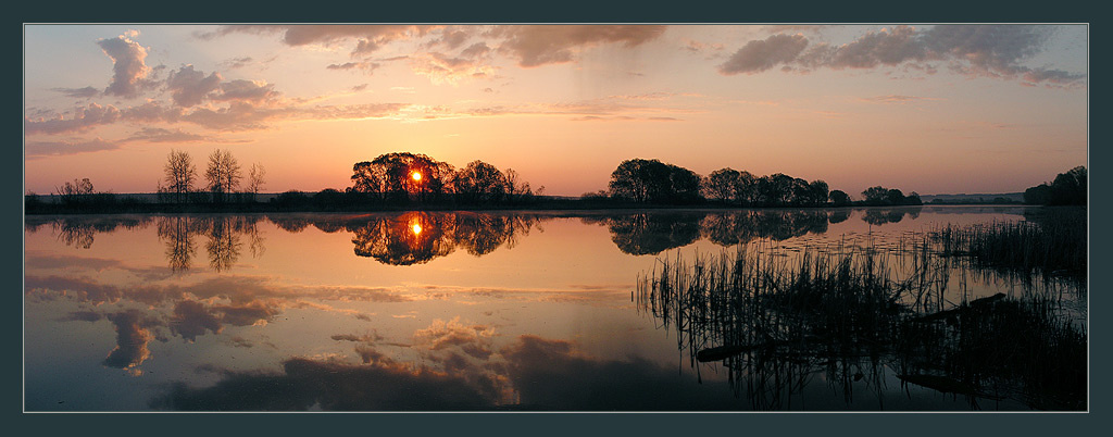 Рассветная. озеро утро облака деревья отражение