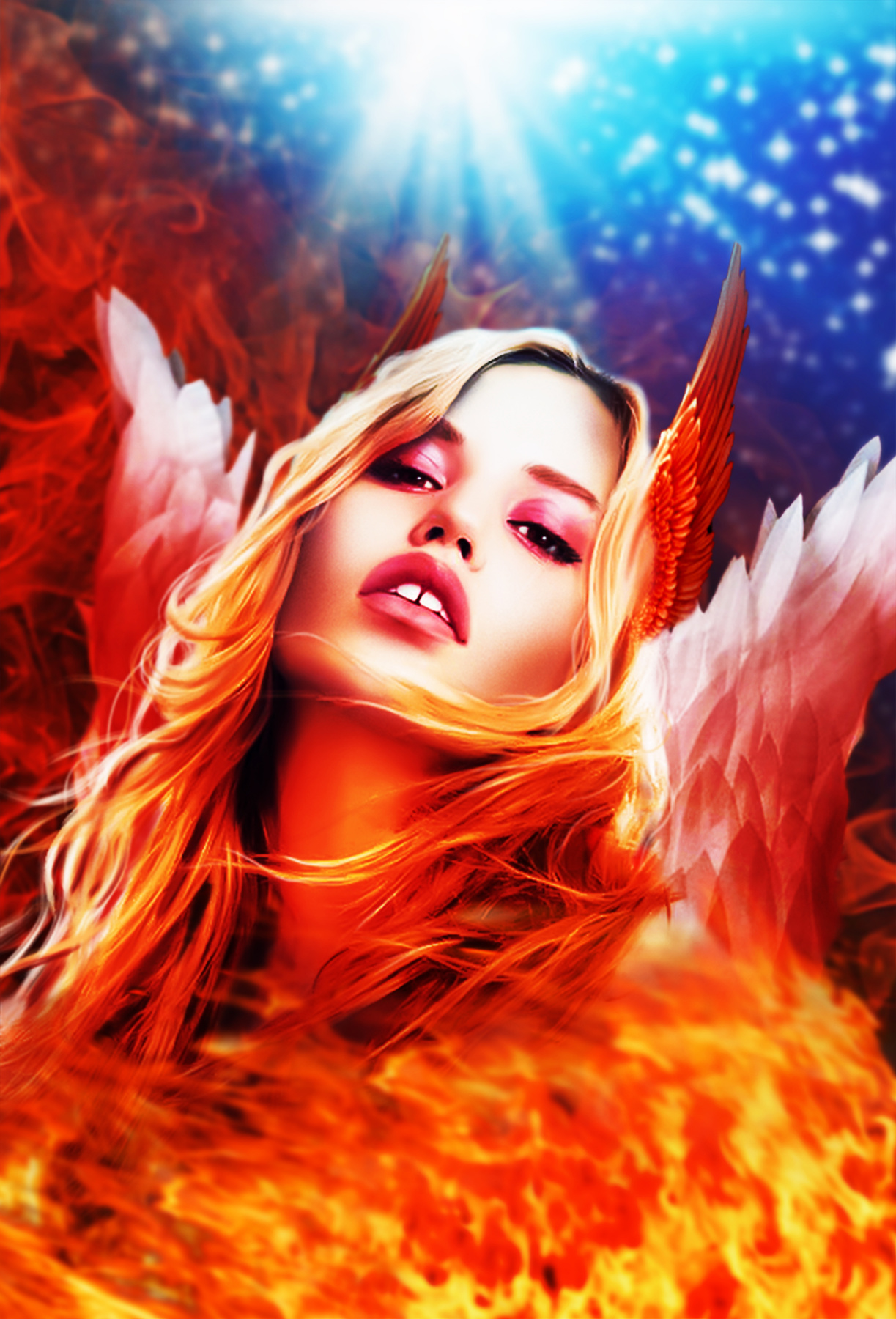 Phoenix girl on fire. art woman feathers female mystic phoenix wings spirit appealing attractive beauty blue enchanting face enchantress makeup magic girl digital fire myth human fantasy burning hot red flame rebirth