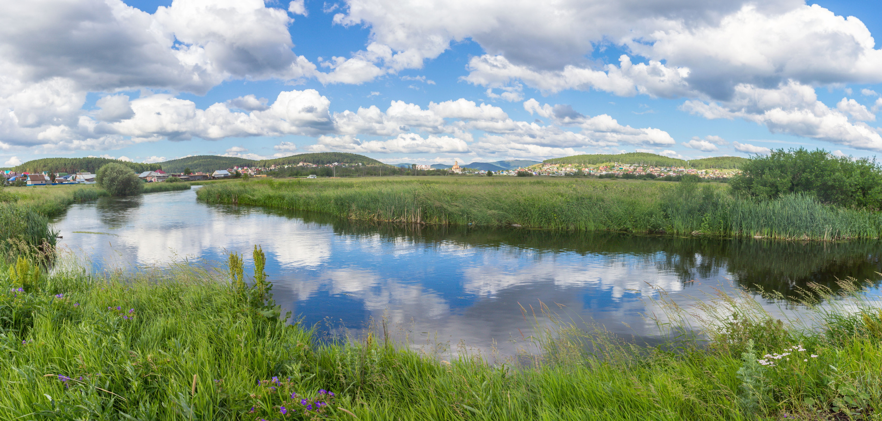 Летнее утро на реке Миасс. г. Миасс, Машгородок (панорама). Южный Урал Миасс Машгородок Природа Лето