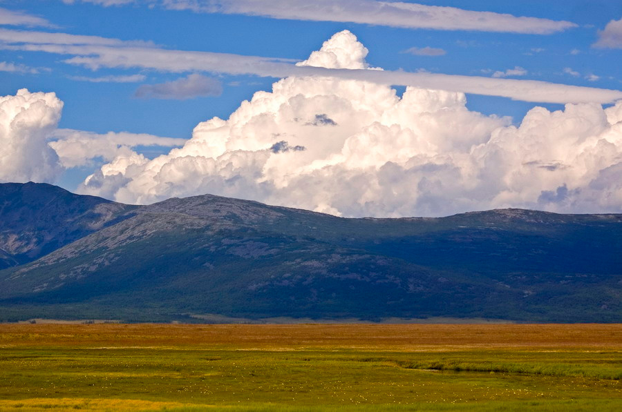 луга, сопки, облака 