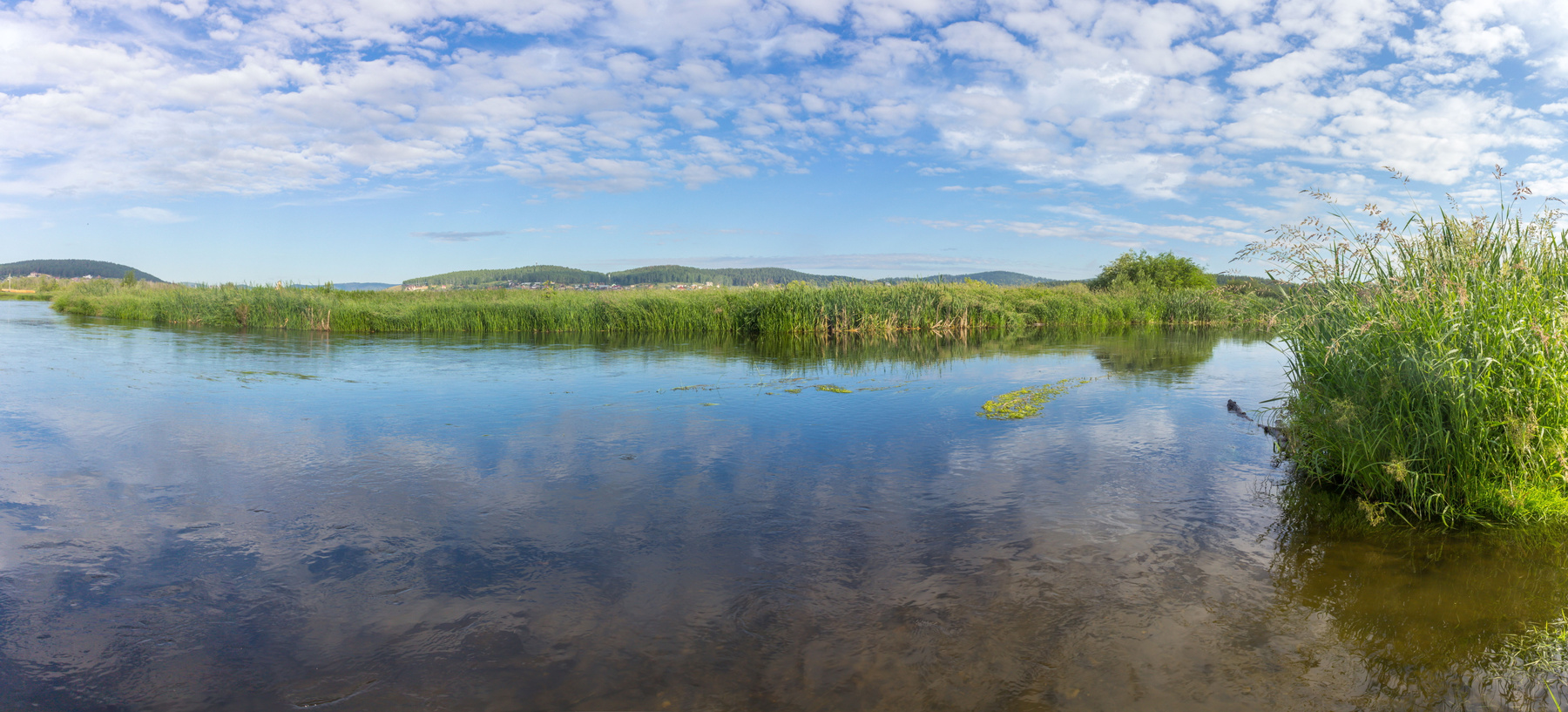 Летнее утро на реке Миасс. г. Миасс, Машгородок (панорама). Южный Урал Миасс Машгородок Природа Лето