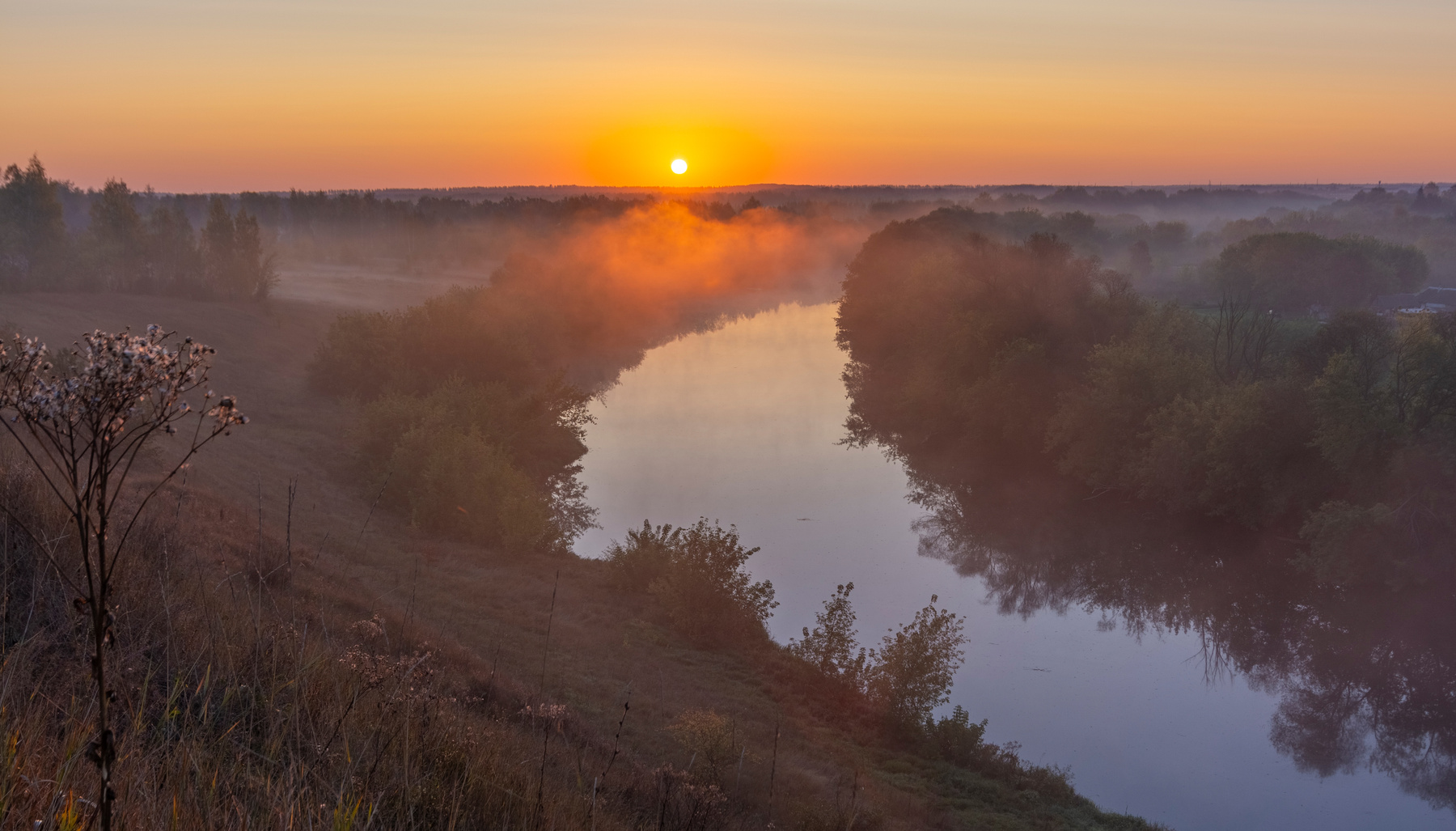 взошло пейзаж восход туман река село