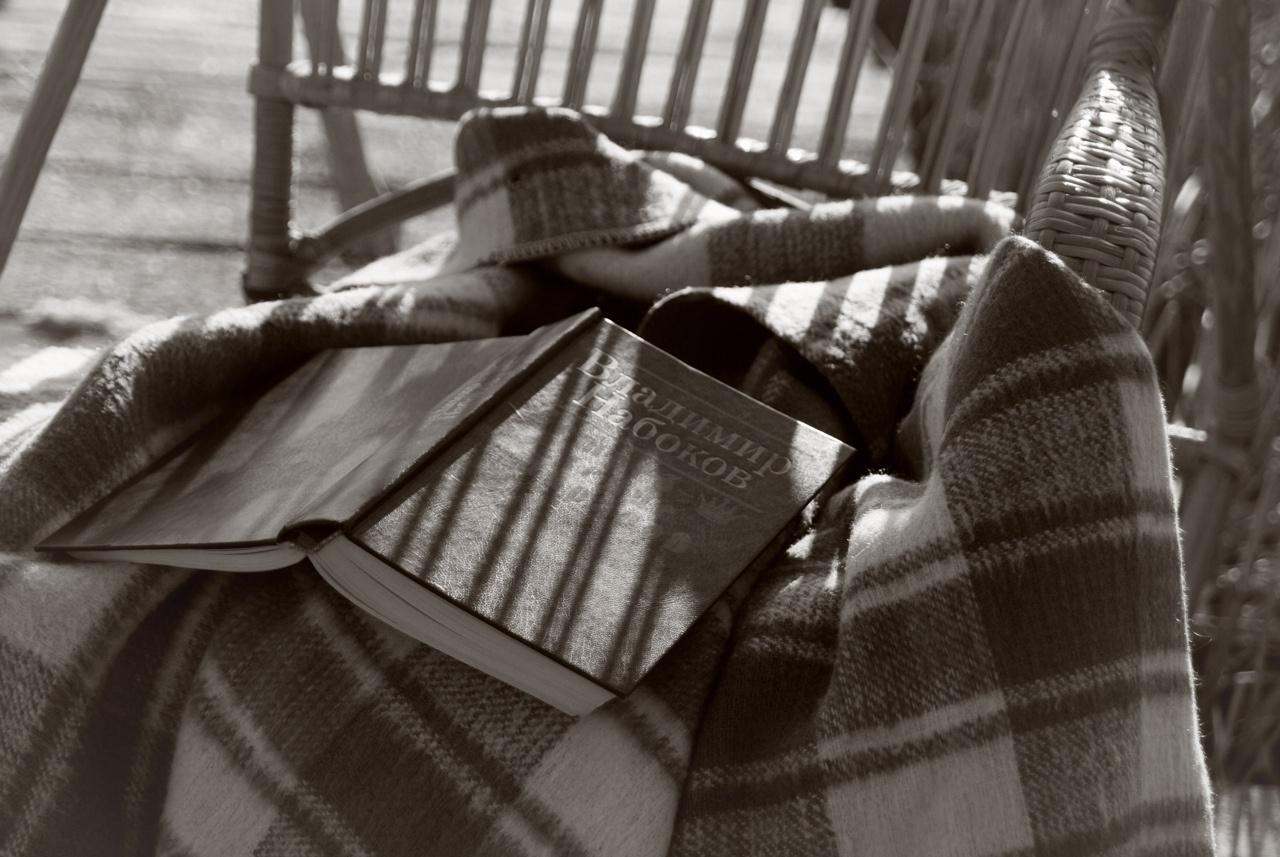 Serenity, piece seven autumn outside outdoors retro rockchair plaid book monochrome black-and-white