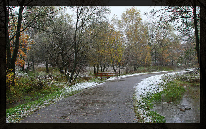 Первый снег измайлово, парк, москва, первый снег, погода, осень, природа, мост, дорога, утки, река, запруда