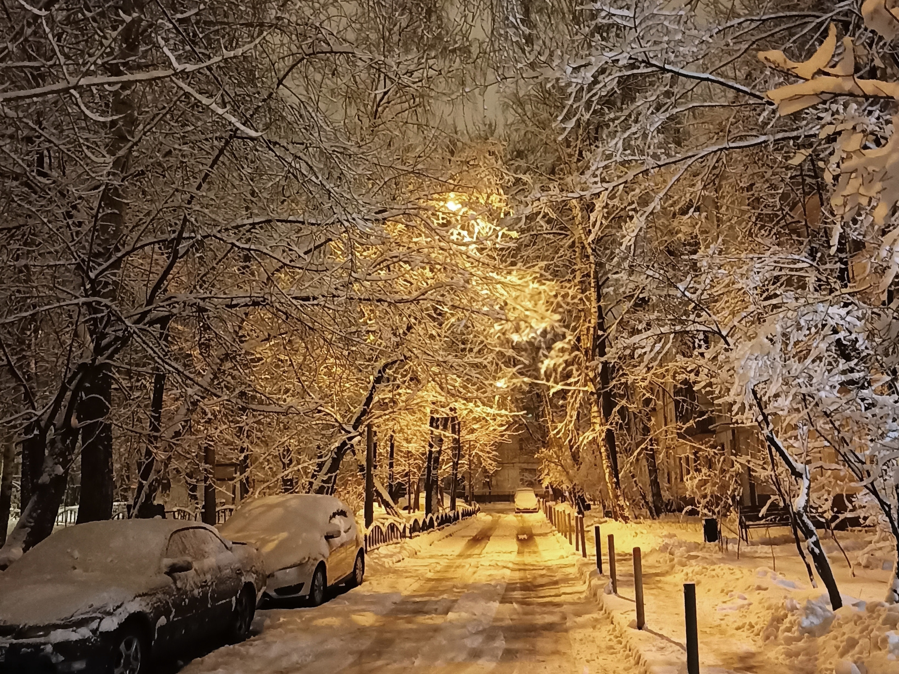Московский дворик, апрельский снегопад 