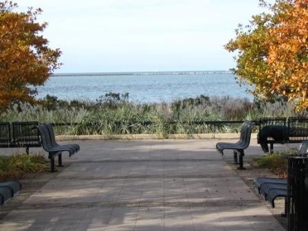 Autumn море, скамейка, деревья