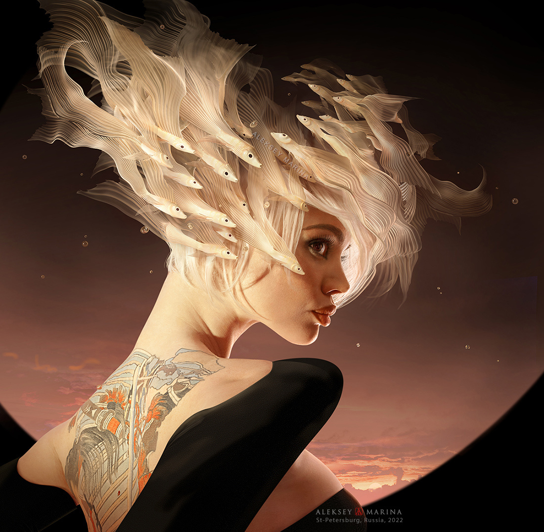 Sunset dream beauty сон закат видение красота мгновение девушка образ волшебство рыбки причёска волосы сияние