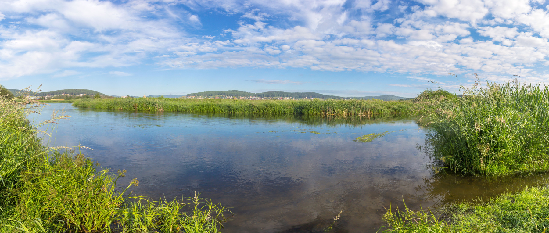 Летнее утро на реке Миасс. г. Миасс, Машгородок (панорама). Южный Урал Миасс Машгородок Природа Лето