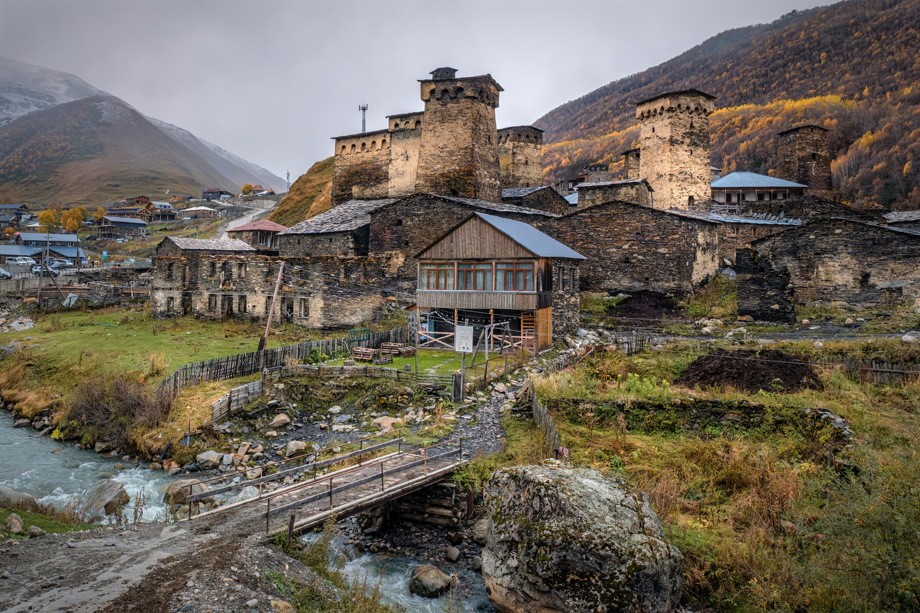 Ushguli In Overcast Weather svaneti ushguli village ushgulivillage rain overcast cold tower fog river mountain landscape scenery travel outdoors georgia sakartvelo chizh