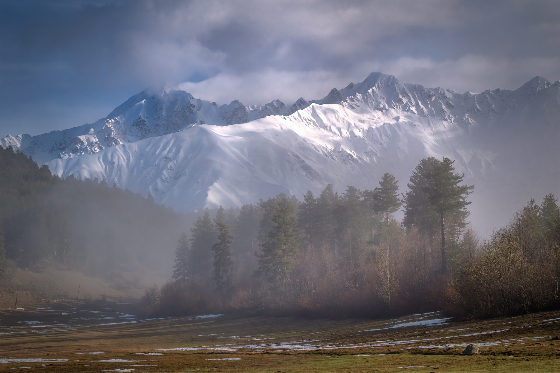 Forest And Mountains svaneti tsvirmi spring trees forest mist fog peaks mountains clouds sky nature landscape scenery travel outdoors georgia sakartvelo chizh