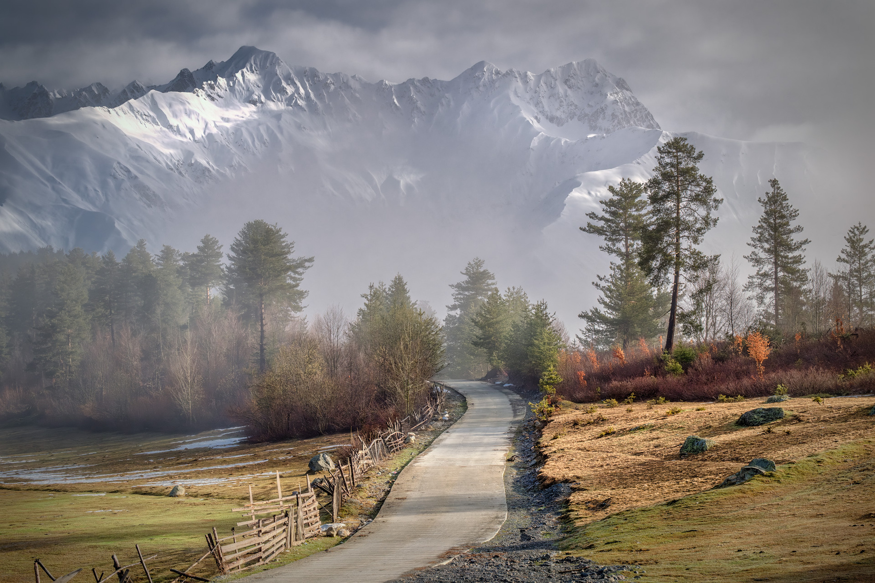 Tsvirmi Misty Road svaneti tsvirmi spring road trees mist fog peaks mountains clouds sky nature landscape scenery travel outdoors georgia sakartvelo chizh