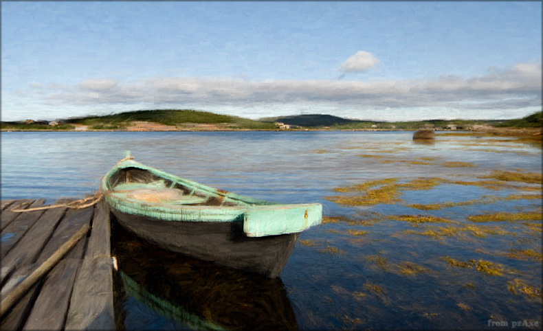 *** лодка живопись море берег картина горизонт север