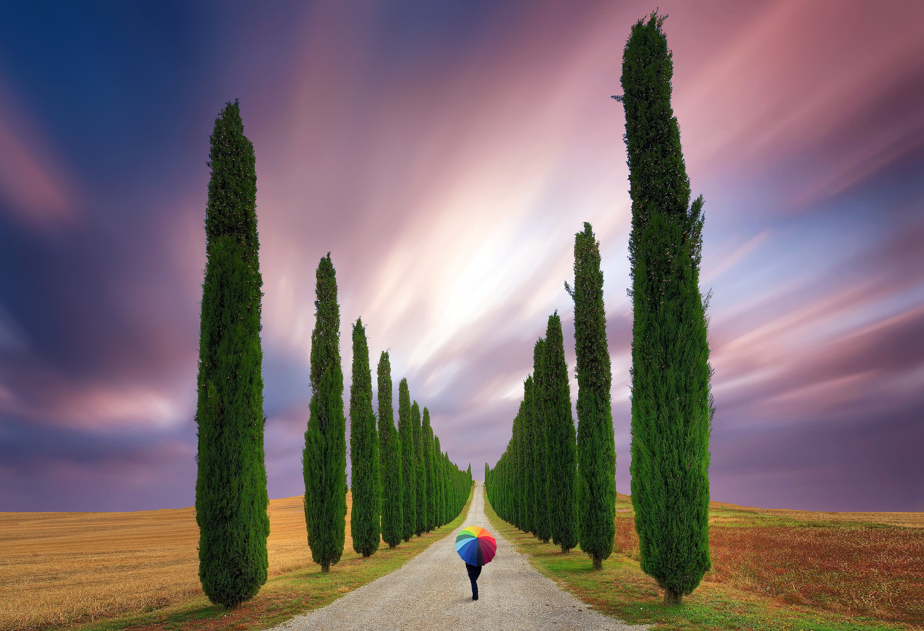 The Path valdorcia tuscany italy girl umbrella colorful long exposure path road cypress trees hills famous