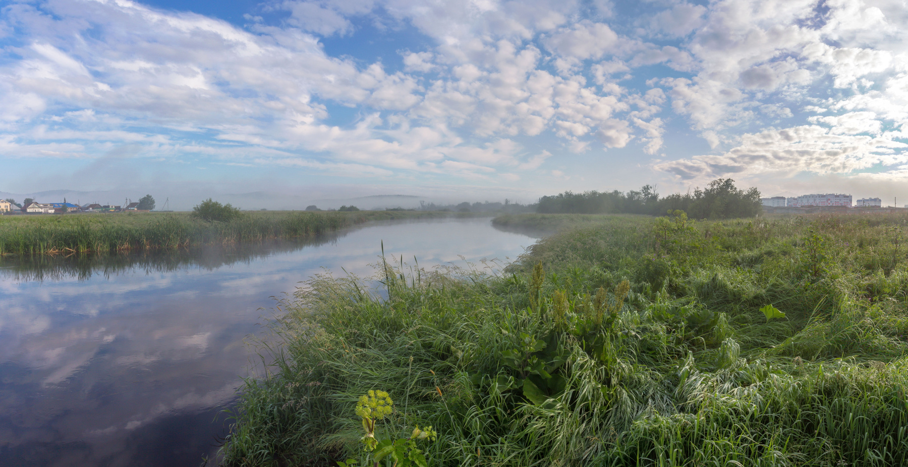 Летнее утро на реке Миасс. г. Миасс, Машгородок (панорама). Южный Урал Миасс Машгородок Природа Лето