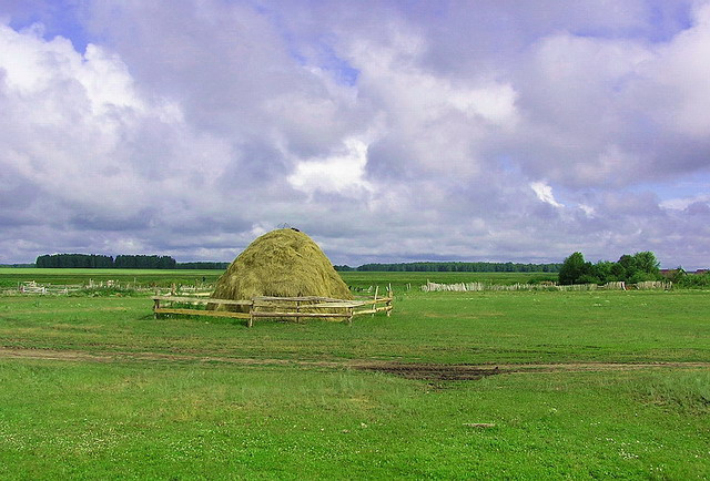 в деревне стог, деревня, пейзаж, сено