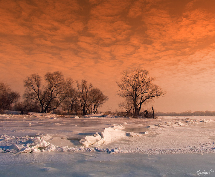 Orange sky небо утро Днепр зима снег лед фильтр