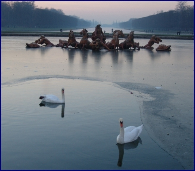парижские лебеди лебеди, пруд, статуя, вода, лёд, вечер