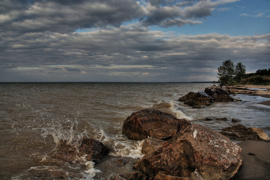Обские берега Ветер, Обское море, камни, брызги