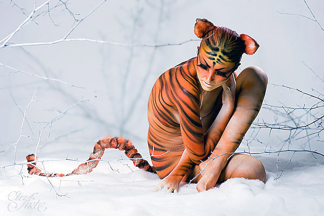 тигра в зимнем лесу боди-арт, тигр, зима, снег, декор, body-art