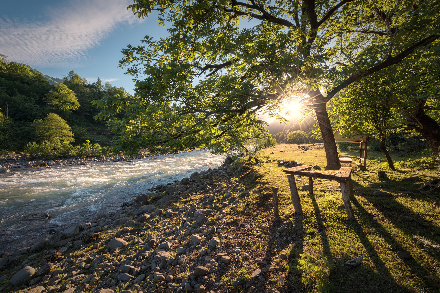 Sunny Day In Machakhela machakhlitskali river sun meadow hazel tree green table wood pasture water nature landscape scenery travel outdoors georgia adjara sakartvelo chizh