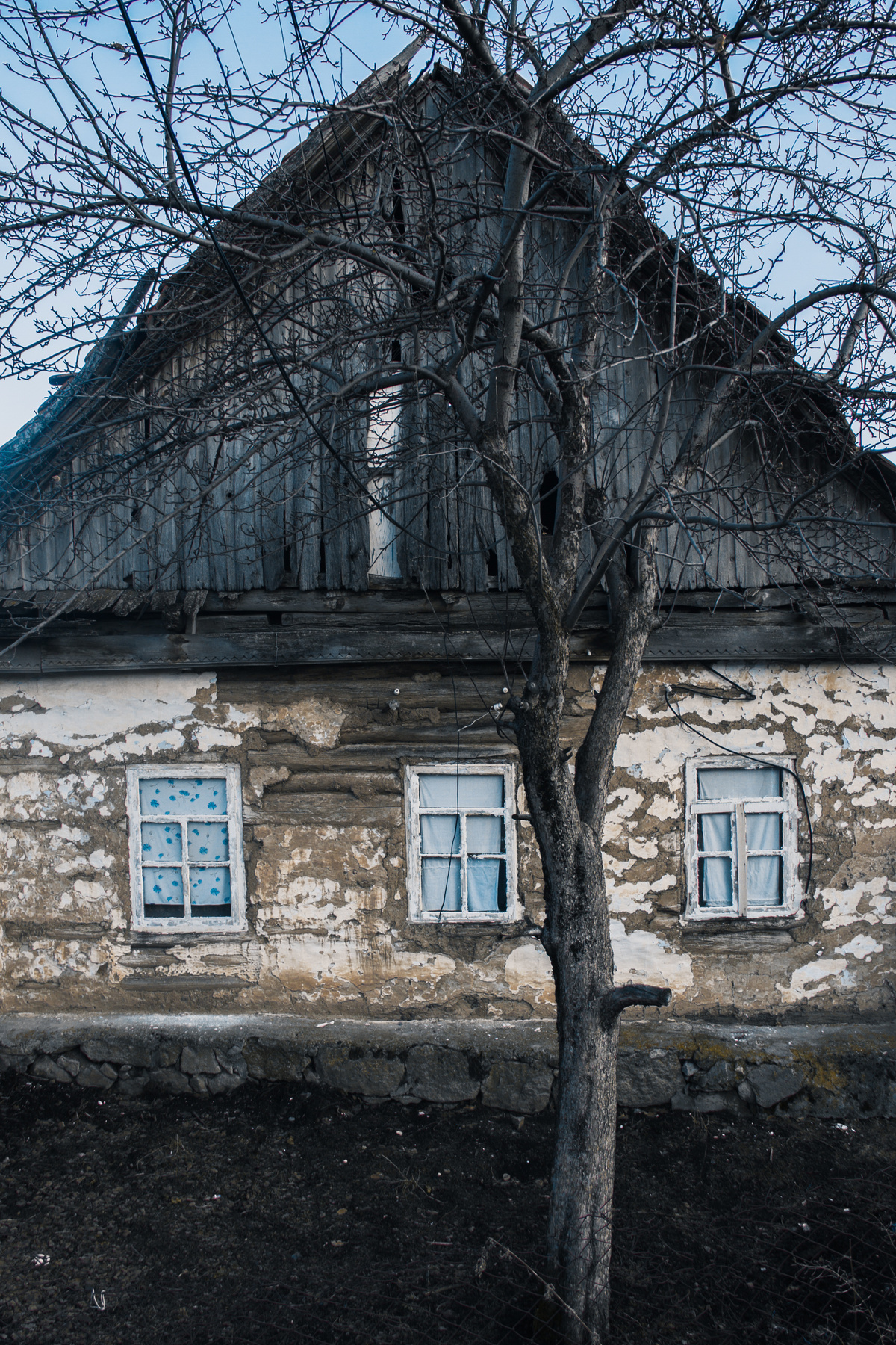 House house windows village walls curtain tree yard roof