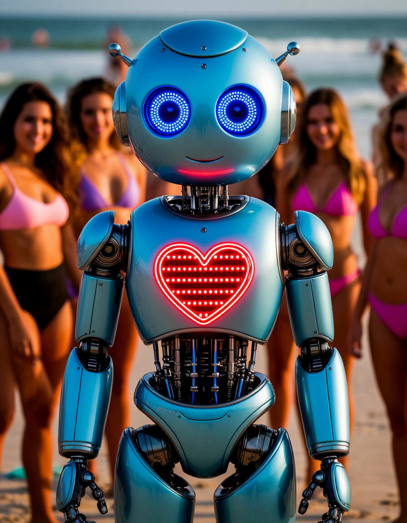 Дамский угодник робот девушки дамский угодник искусственный интеллект ai бикини пляж сердце сердечко любовь 2025