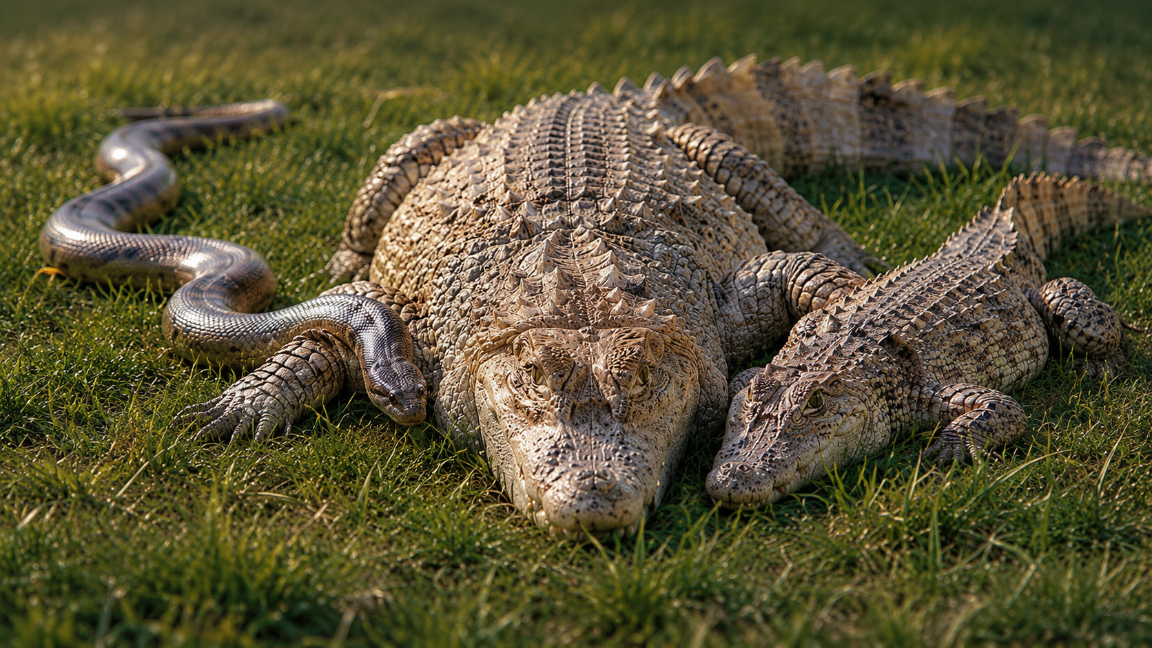 "Три товарища" рептилии крокодил змея wildlife дикая природа животные хищники трава низкий ракурс природный свет чешуя фактура кожи