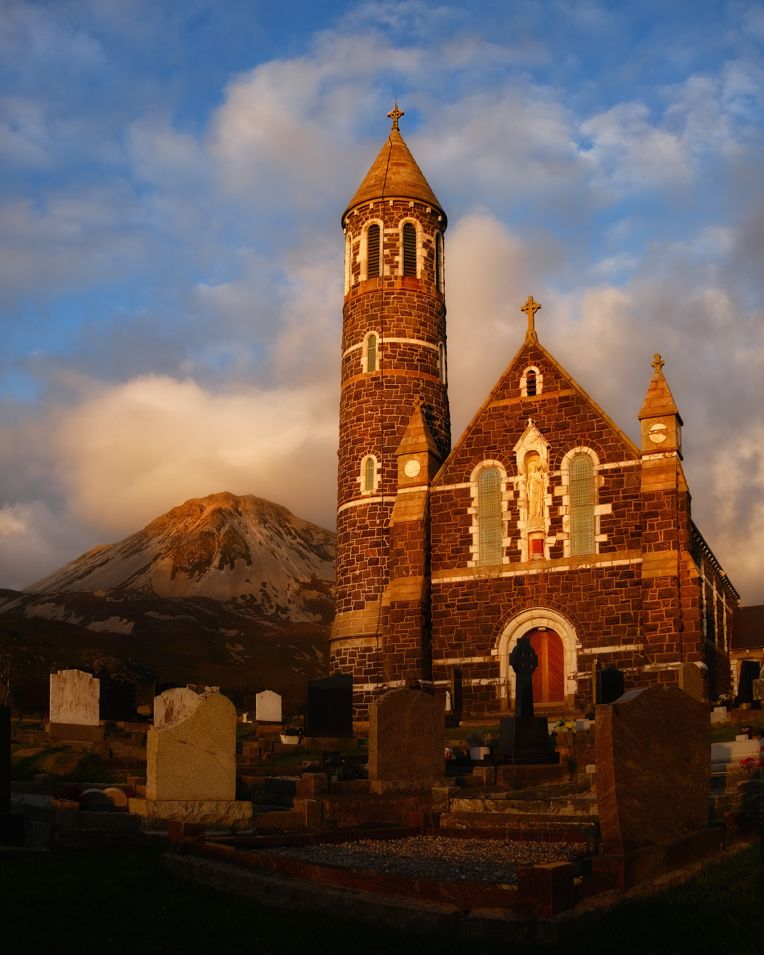 ...in sunset tones... ireland nature outdoors scenic catholic church errigal dunlewey donegal wild atlantic way sunset architecture mountains sky clouds cloudscape epic picturesque awesome gorgeous wonderful destination europe travel