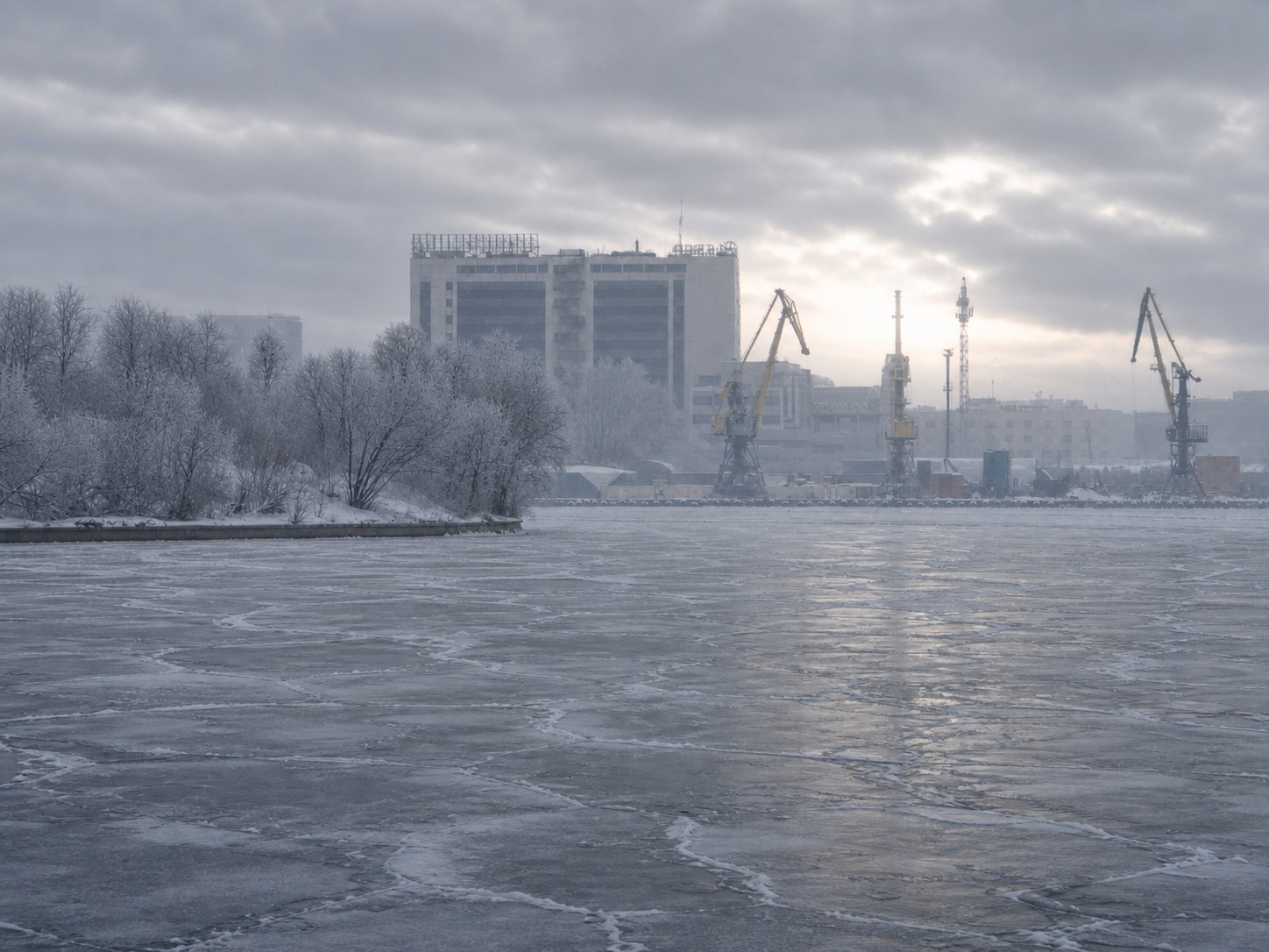 "Морозная тишина порта" зима река лёд замёрзшая мороз иней снежная дымка порт краны индустриальный пейзаж городской урбан-пейзаж зимний